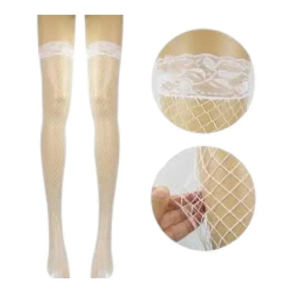 Plus Size WHITE Large Square Fishnet Thigh High Stocking - Picture 1 of 5